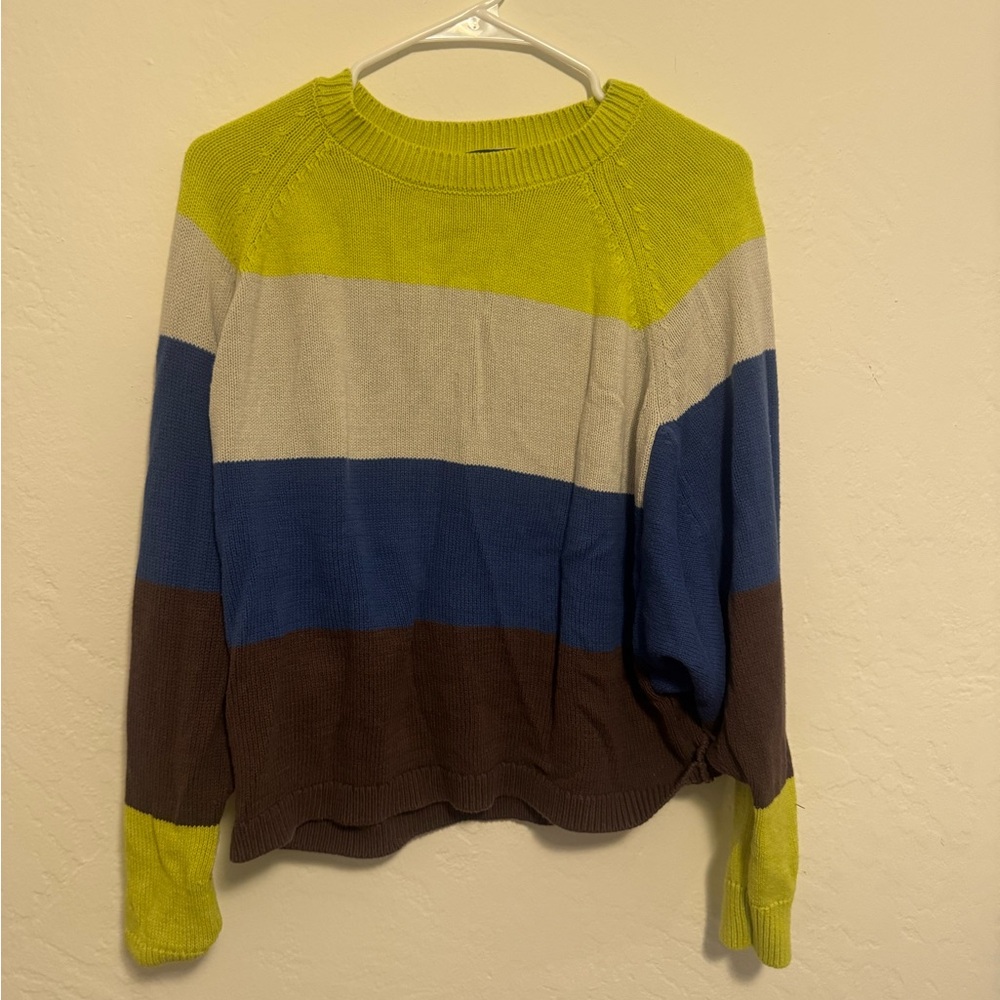 Vici Lime, Cream, Blue, and Brown Striped Sweater